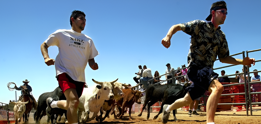 A man running with several bulls in the dirt.