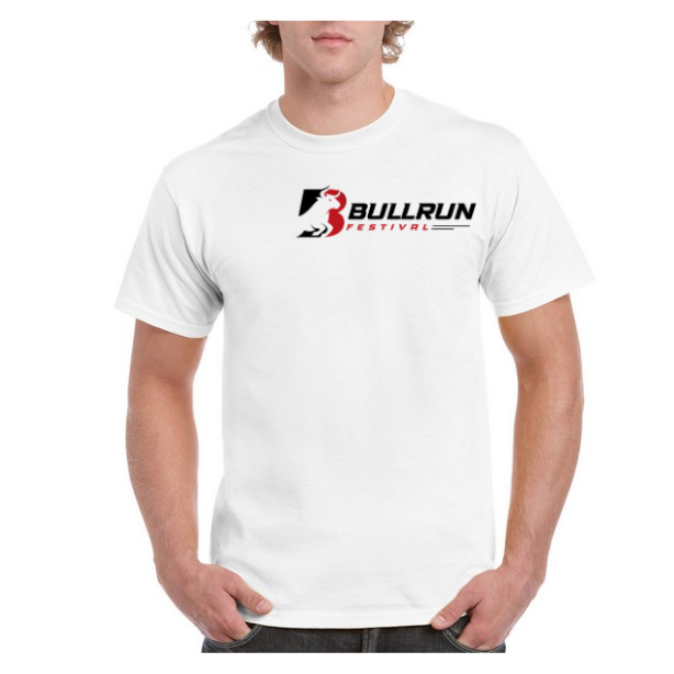 A man wearing a white t-shirt with bullrun logo.