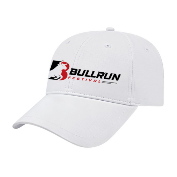 A white hat with bullrun festival logo on it.