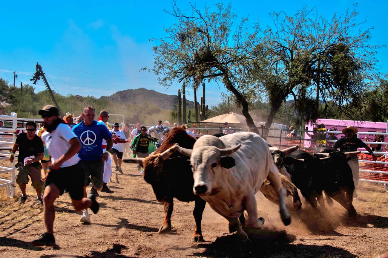 A group of people running around with bulls.