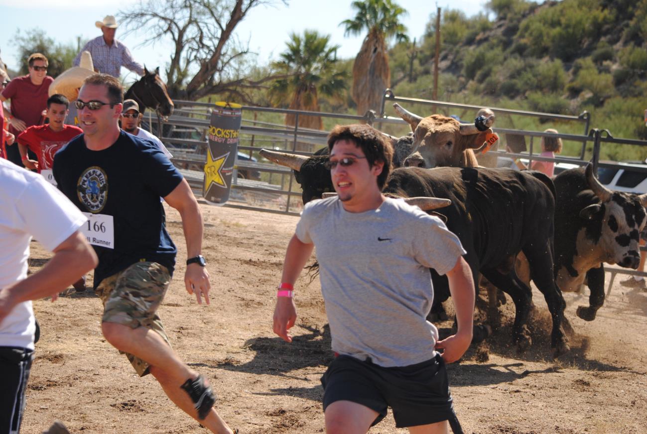 A man running in front of cows on dirt.