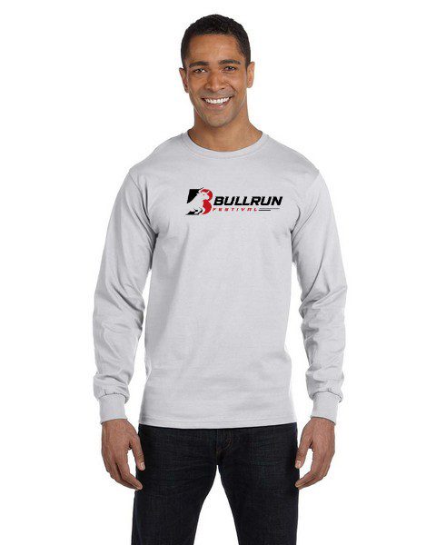 A man wearing a long sleeve t-shirt with bullrun logo.