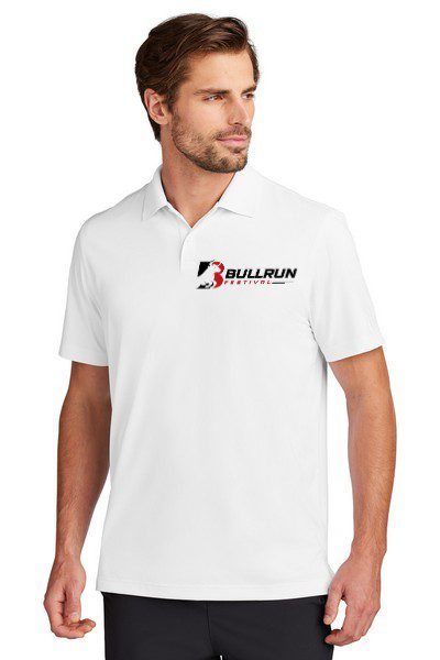 A man wearing white polo shirt with bullrun logo.