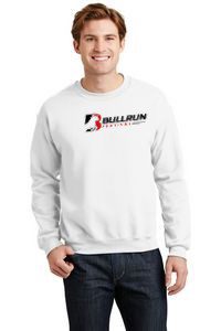 A man wearing a white sweatshirt with bullrun logo.